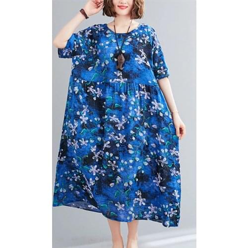 Thin Soft Cotton Linen Loose Summer Dress Short Sleeve Print Floral Vintage Dress Plus Size 5XL Women Beach Casual Midi Dress