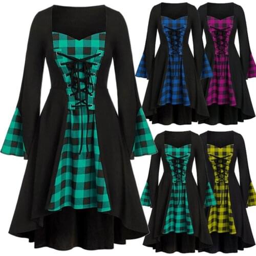 Vintage Gothic Dress Womens Lattice Lace Up Patchwork Vestidos Flare Long Sleeve Bandage Robe Femme Goth Dresses платье женское