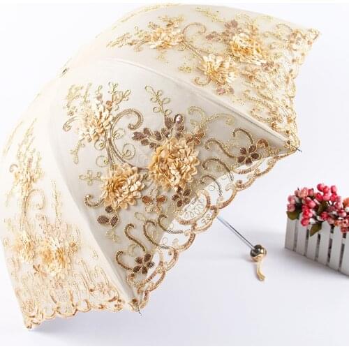 1 piece Princess Sun double Lace Parasol Arched UV Creative three Folding Women Embroidery anti UV waterproof Umbrella