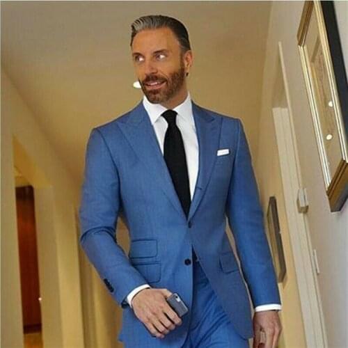 2020 Handsome Blue Business Suit Groom Tuxedos Polyester+Cotton Groom Suits Slim Fit for Men Best Man Wedding Suit 2 Pieces