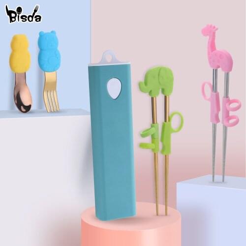 3Pcs Children Flatware Set with PVC Finger Box Animal Silicone Portable Stainless Steel Spoon Fork Chopsticks Kit Child Dinner
