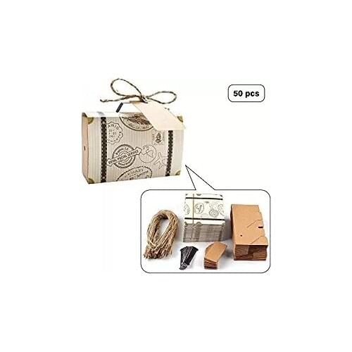 50pcs Mini Suitcase Wedding Favor Candy Box Vintage Kraft Paper with Tags and Burlap Twine for Wedding/Bridal Party Decoration