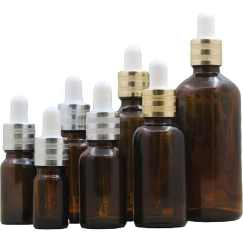 White Rubber Top Glass Dropper Bottle Gold Silver Ring Empty Brown Travel Cosmetic Essential Oil Refillable Vials 5ml-100ml