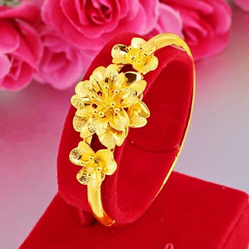 3-Flower Pattern Fashion Bangle Womens Bracelet Yellow Gold Filled Classic Wedding Party Birthday Gift