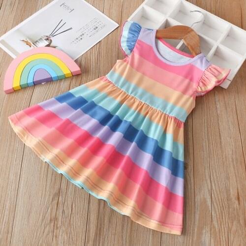 1-7 Years Kids Baby Girls clothes Striped Rainbow Princess Dress Party Dress Summer Princess Dress Child Short Sleeve юбка