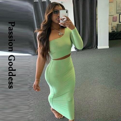 Elegant Women 2 Piece Skirts Sets Long Sleeve One Shoulder Cropped Shirts High Waist Long Bodycon Skirts Two Piece Party Outfits
