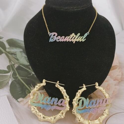 Custom Earrings Custom Bamboo Hoop Earrings Custom Bling Earrings Customized Bling Necklace Custom Set For Women