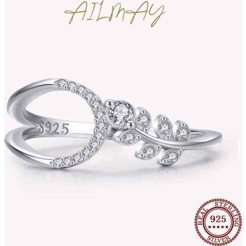 Ailmay Authentic 925 Sterling Silver Simple Flowers & Leaves Sparkling Clear Zircon Finger Rings Fine Female Fashion Jewelry