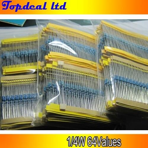 1/4W Metal Film Resistors Assorted kit 64 Values (1 ohm~ 10M ohm) 1% 1280pcs