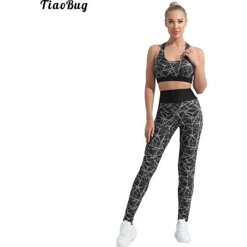 TiaoBug 2Pcs Women Sportswear Suit U Neck Shoulder Straps Racer Back Removable Pads Sport Bra Top Pants Set For Running Gym Yoga