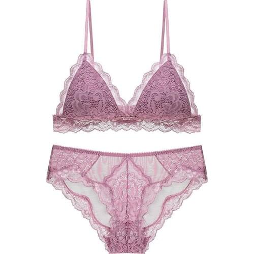 Bra & Brief Sets Lace Bralette With Bra Inserts Pad Sexy Deep V Triangle Cup Bra and Panties Set Underwear Women Lingerie 2020