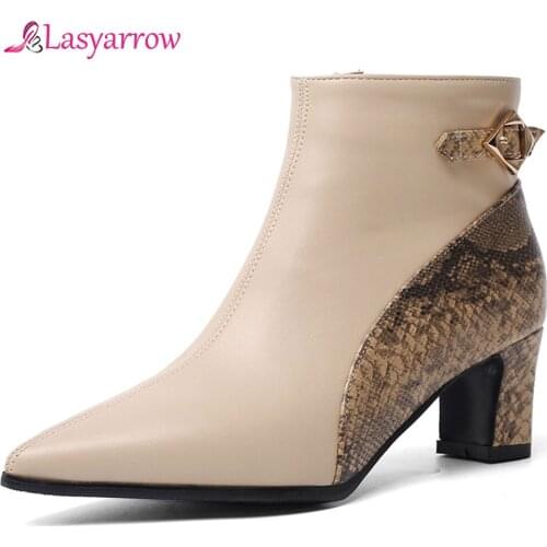 Lasyarrow 2019 Women Winter Boots Autumn Snakeskin Shoes Buckle Patchwork Black Ankle Boots Bootie Plus Size Footwear J1029