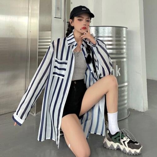 Summer thin new Harajuku style turn-down collar contrast color stripes loose shirt women