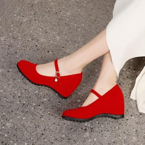 Fashion Wedge Heels Shoes Women Pumps Flock Straps Mary Jane Shoes Wedges Party Wedding Shoes Ladies New 2021 Spring