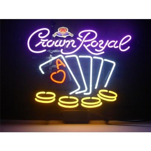 NEON SIGN Crown Royal Poker Chips Signboard REAL GLASS BEER BAR PUB display christmas Light Signs 17*14"