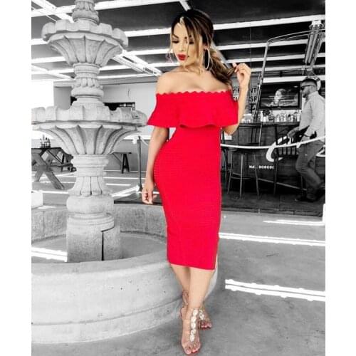 Newest Fashion Top Quality Pink Ruffles Off The Shoulder Slash Neck Rayon Bandage Dress Celebrity Party Dress