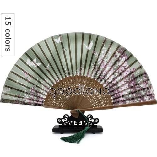 Wholesale Free / Drop Shipping 100pcs/lot Butterflies Sakura Folding Hand Fan Silk Hand Fan with Tassel Deco Mariage