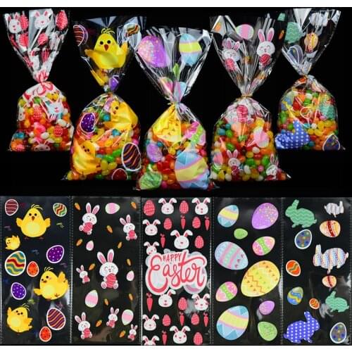 50pcs Easter Gift Bags Bunny Eggs Chicken Print Plastic Bag Baking Candy Packaging Supplies Happy Easter Party Favors Decoration