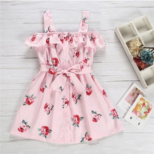 Girl Dress Summer Off Shoulder With Belt Pink Floral Sweet Princess Dresses Toddler Kids dresses For 2-7Y