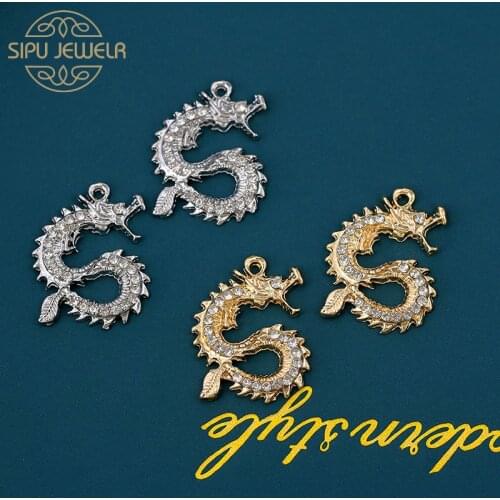 10Pcs Dragons With Bling Crystal Charms Gold Silver Colors Pendant Earrings Charm Findings Jewelry Making Accessory Wholesale