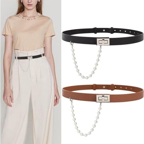 New Design pearl tassel belts for women coat silver buckle black soft faux leather strap belt dress adjust waistbands woman gift