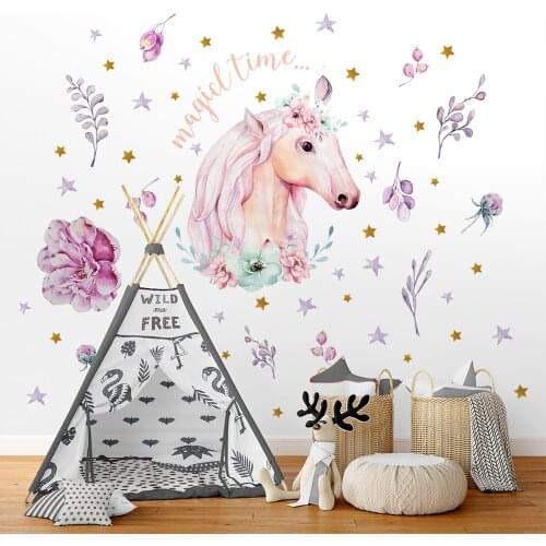 Hand-painted Rose Flower Unicorn Star Wall Sticker Children Baby Room Decoration Wall Decal Vinyl Wallpaper Sticker Home Decor