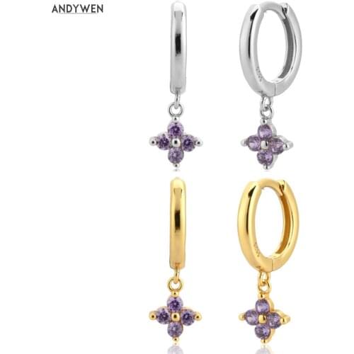 ANDYWEN 925 Sterling Silver Purple 4 Zircon Crystal Charms Drop Earring Piercing Ohrringe Pendiente Luxury Jewelry Circle