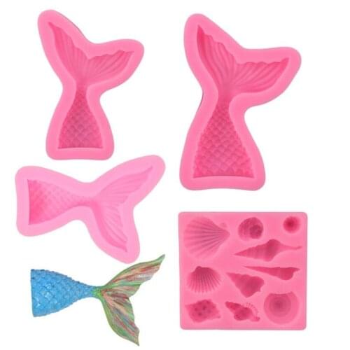 Mermaid fish Tail Silicone Mold Fondant Cupcake Cake Decorating Baking Tools Conch Starfish Handmade Soap Mold Fish Fork tail