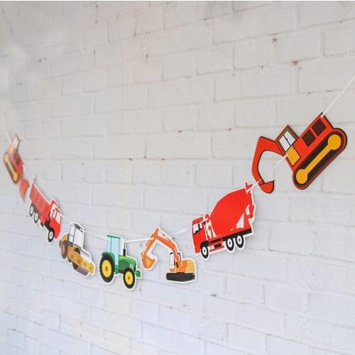 Construction Zone Party Banner Dump Truck Party Decoration Pre-Assembled Builder Bulldozer Excavator Tank Truck Garland Supplies
