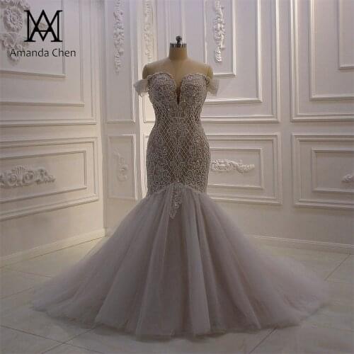 Robe de mariage 2020 Off Shoulder Short Sleeve Lace Appliques Champagne Mermaid Wedding Dress