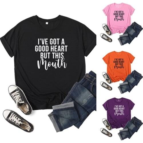 I Have Got A Good Heart But This Mouth Letter Print Short-sleeved T-shirt Goth Harajuku Shirts for Women