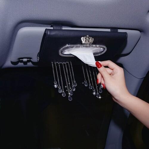 Universal Car Sun Visor Tissue Holder Hanging Tassels Rhinestone Crown Car Visor Type Napkins Paper Tissue Box Car Accessories