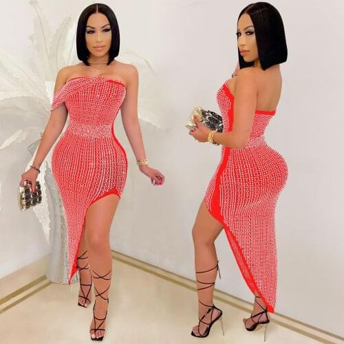 Dinner Party Dresses Women Sequined Mesh Long Irregular Dress Strapless Slit Street Club Dress Black Red Bodycon Vestidos Mujer