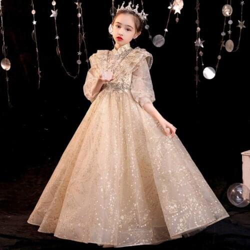 High-End Children Sequines Beading Evening Gown Baby Girl Dress Princess And Wedding L916