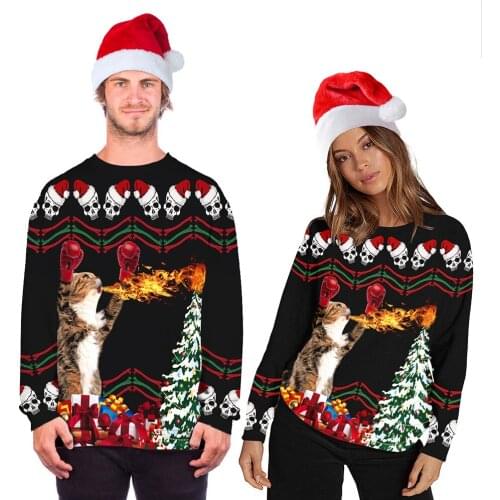 W-Yunna Christmas Tree with Cat Print 3d Sweatshirts Unisex Fashion Couplewear O-neck Loose Sweatshirts Sudadera Mujer