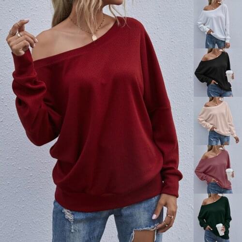 Spring Autumn Womens Long Sleeve T-Shirt Oversized Tops Sexy One Shoulder Off Shoulder Pullover Solid Blouse Mujer Camisetas