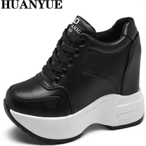 2018 Autumn Women Ankle Boots Wedge Heels Sneakers 10CM High Height Increasing Platform White Shoes PU Leather Comfortable Boots