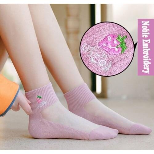 Spring And Summer Womens Crystal Silk Stockings Cotton Bottom Lace Socks Fruit Noble Embroidery Cartoon Breathable Boat Socks