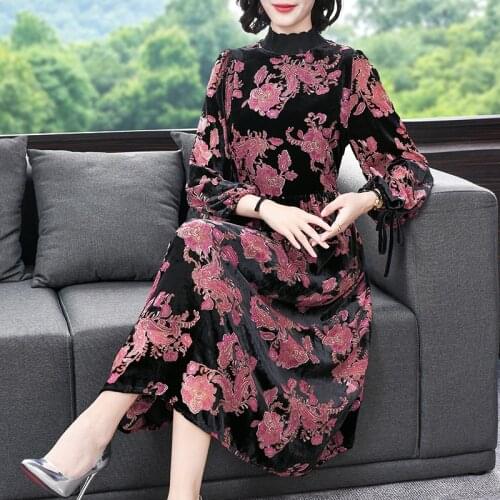 2021 Red Floral Balck Glod Velvet Loose Elegant Midi Dress Autumn Winter 4XL Plus Size Dress Bodycon Long Sleeve Party Vestidos