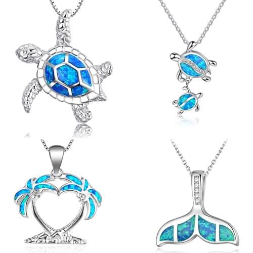 Fashion Silver Color Blue Imitati Opal Sea Turtle Pendant Necklace for Women Female Animal Wedding Ocean Beach Jewelry Gift