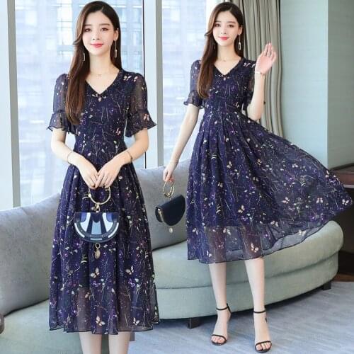 Temperament V-neck Waist Chiffon Dress Womens 2020 Summer New Slim High Waist Printed Short-sleeved A-line Vestidos Mujer Z976