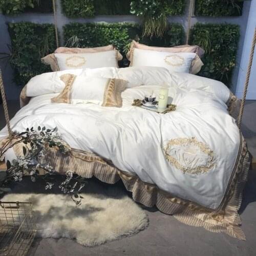 120S Egyptian cotton Cream White Golden Luxury Royal Bedding sets Queen King Lace Duvet cover Bed sheet set Pillowcase 4/6pcs