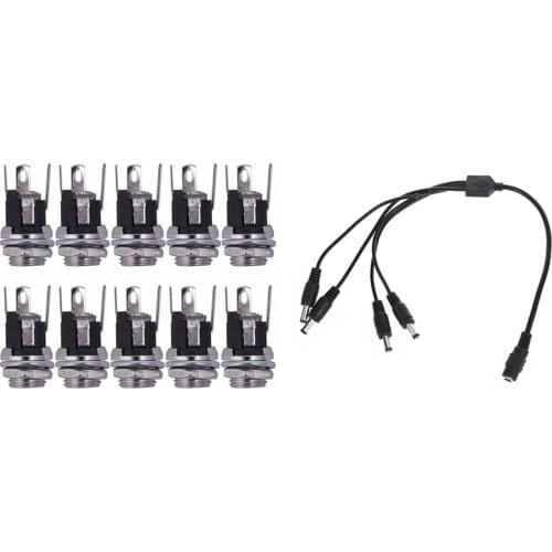 1x 1 Socket to Plug 4 DC Splitter DC Power Cable DC Power Distribution & 10Pcs DC Power Supply Jack Socket Female Panel