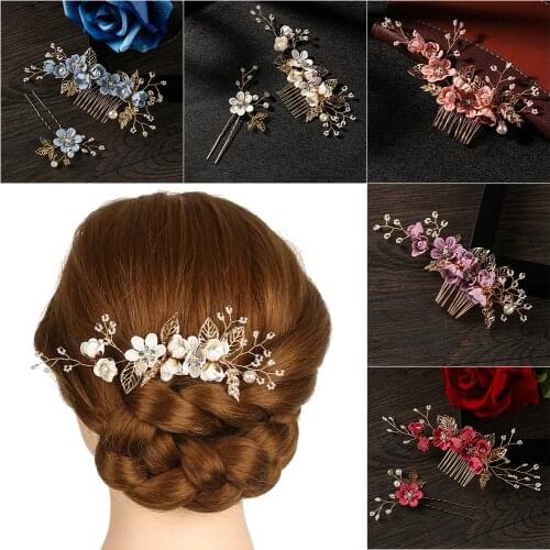 Fashion Luxury Blue Flower Hair Combs Headdress Prom Hair Accessories Gold Leaves Hair Bridal Wedding Jewelry Hair Pins