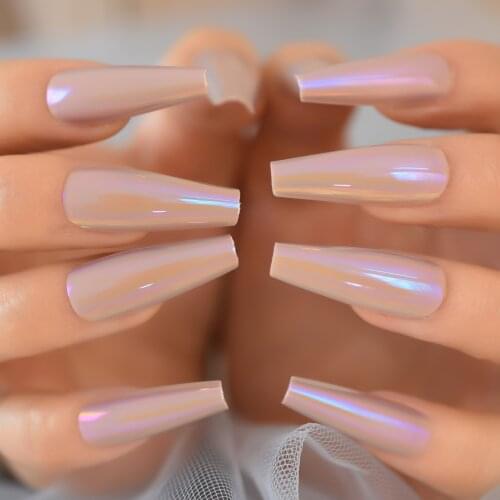 Acrylic Fake Press On Nail Chrome Pink UV Gel Rainbow False Artificial Nails Metallic For Women Faux Ongles Coffin Ballerina