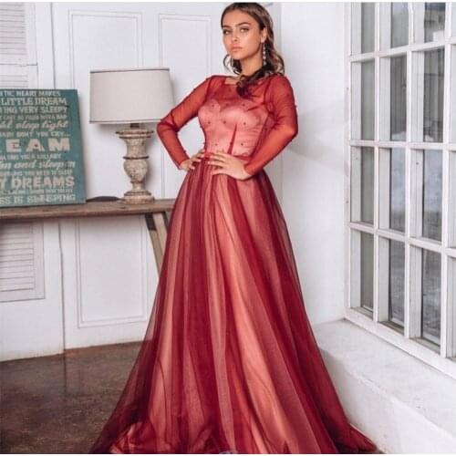 Brilliant Long Sleeve A-Line Evening Dress Burgundy 2021 A-Line With Pearls Women Party Gowns Court Train O-Neck Custom Made