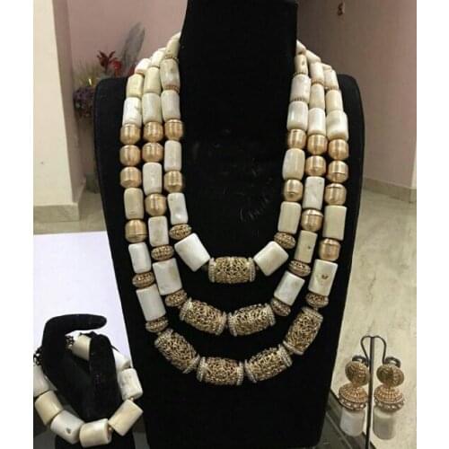 Fantastic Original White Coral Beads Bold Statement Necklace Set Dubai Gold Beaded White Coral Real Bead Jewelry Set CNR426