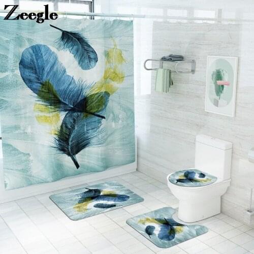 Flannel Bathroom Carpet Rug Home Decor Bath Mat and Feather Printing Shower Curtain Set Non-slip Floor Carpets for Toilet