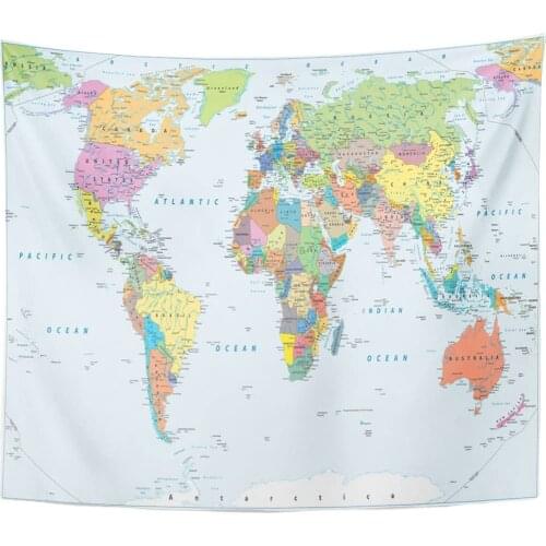 Tapestry Blue Political World Map Borders Countries and Cities Detailed Tapestries Wall Hanging for Living Room Bedroom Dorm