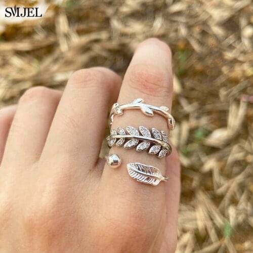 Personalize Silver Color Crystal Leaf Rings For Women Wedding Jewelry Adjustable Bohemian Feather Ring Anillos Wholesale